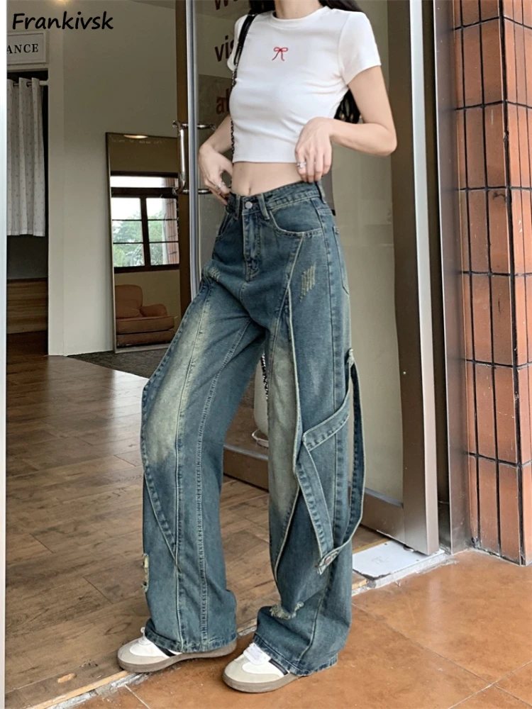 

Women High Waist Jeans Ripped Designed Vintage Fashion College Cargo Pants Slim Summer Wide Leg Y2k Korean Style Slouchy Denim