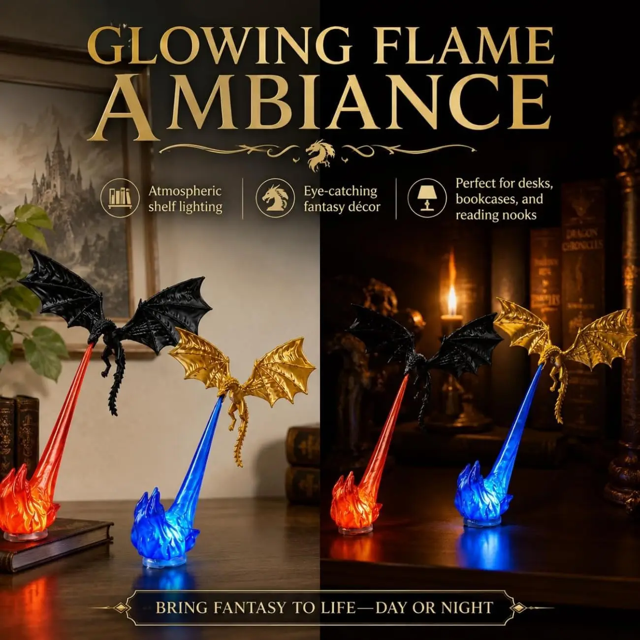 Dragon Flame Book Nook Light, 3D Printed Dragon Bookshelf Decor Light with LED Flame, Unique Gift for Book Lovers & Fantasy Fans