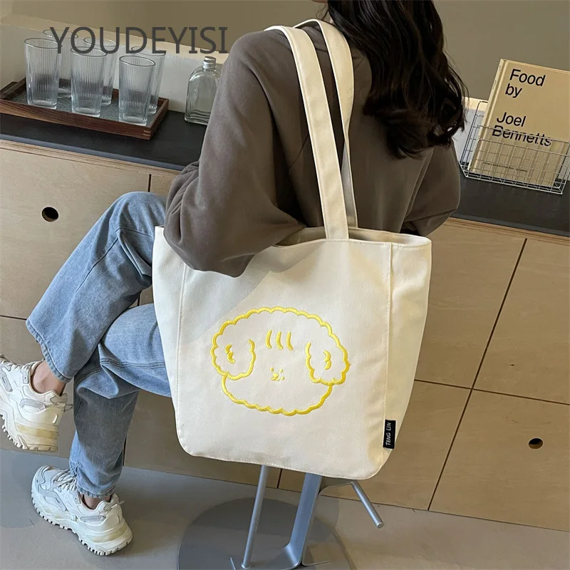 YOUDEYISI Embroidered Cartoon Canvas Shoulder Bag for Women Large Capacity Tote Bag for Middle School Students Cute Handbag