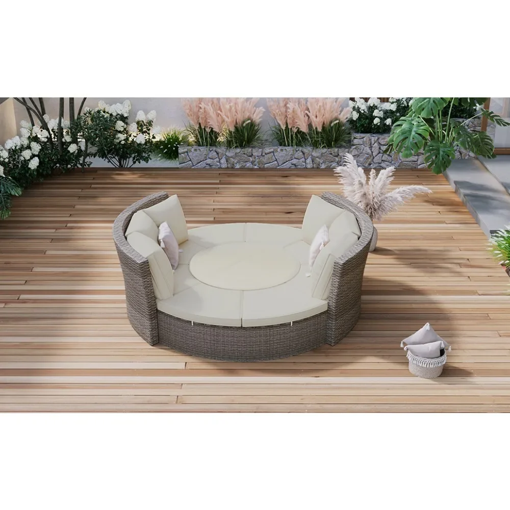 Terrace 5-piece round rattan sofa set wicker sunbed sofa bed with round lifting table and washable mat Garden Furniture Sets