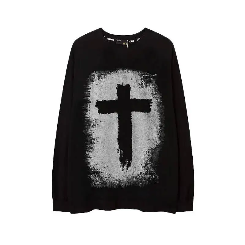 

Unisex Long Sleeve T-shirt 2026 Spring Man Women Sweater Retro Cross Print T Shirt Cotton Gothic High Street Niche Versatile