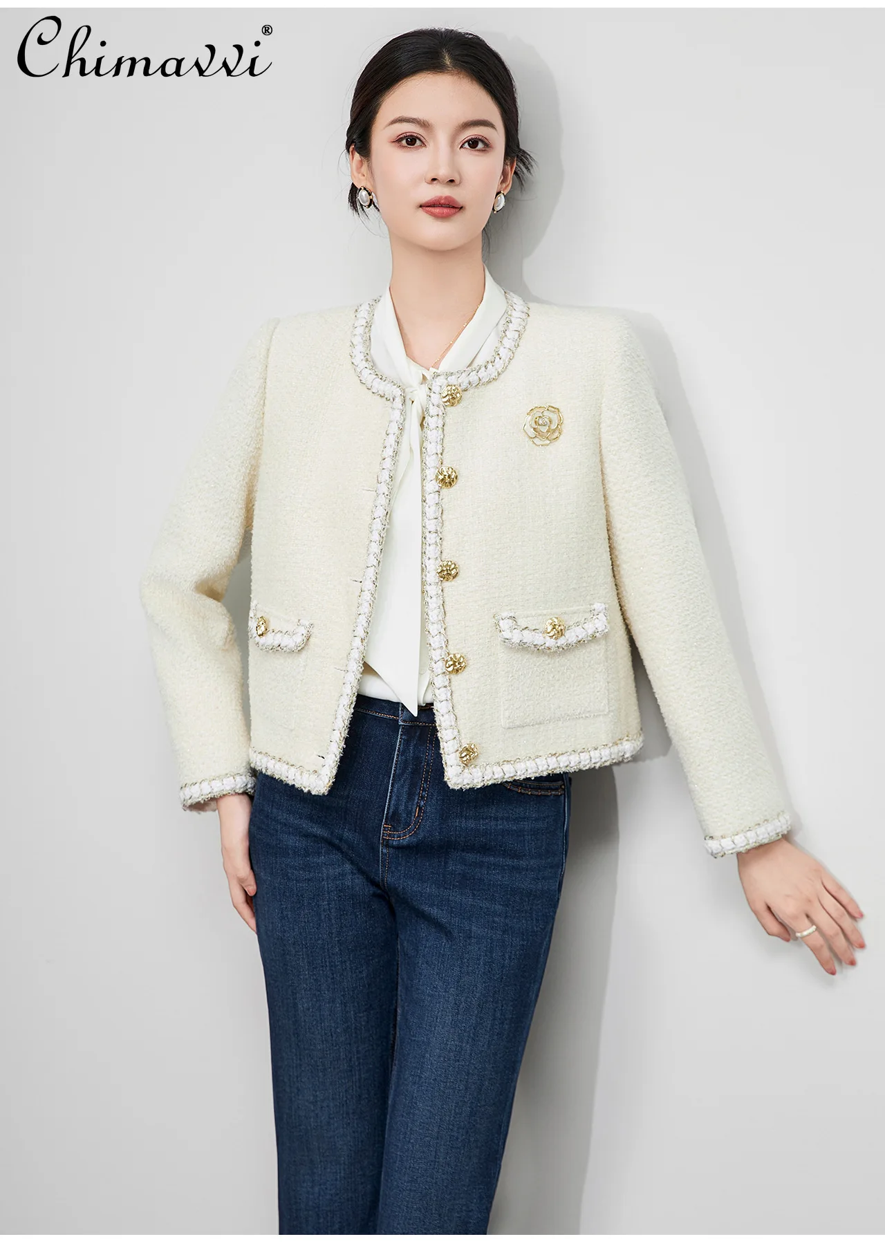 

French Elegant Commuter Socialite Tweed Coats Round Neck Long Sleeve Straight Slim Simple Versatile Short Jackets Women Autumn