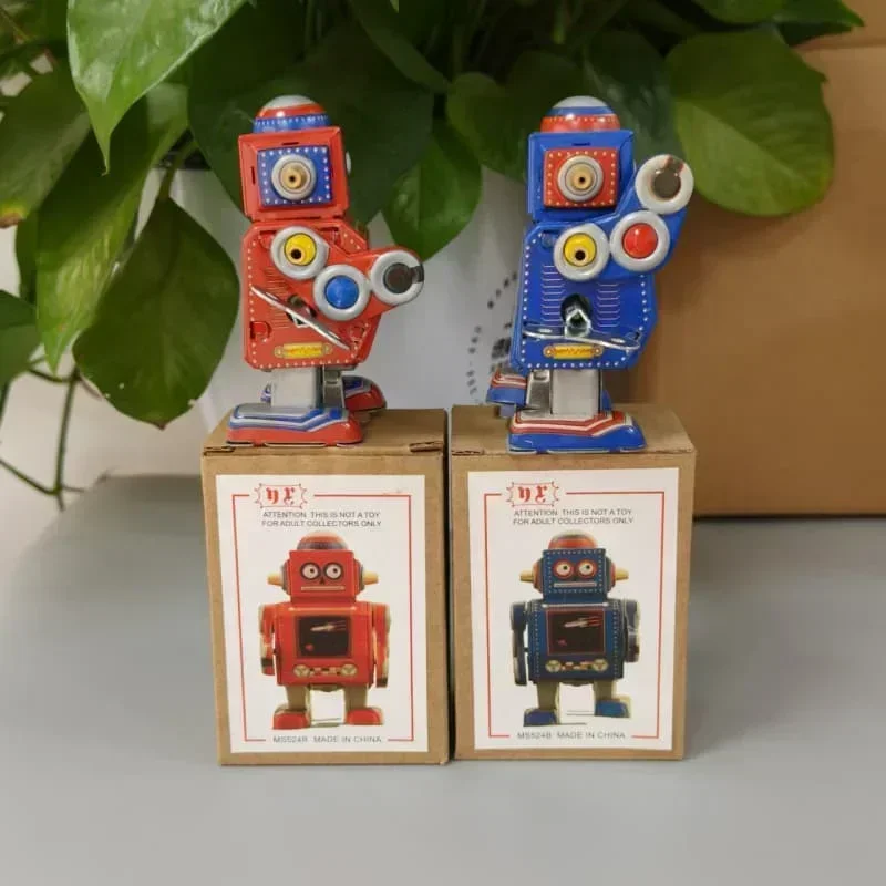 [Divertente] Collezione per adulti Retro Wind Up Toy Tin di metallo Mini-Robot Rosso/Blu Orologio Giocattolo Figura Modello Giocattolo vintage Regalo