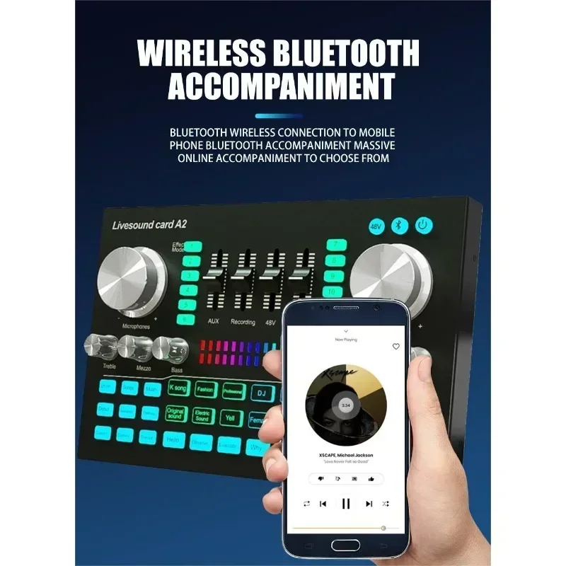 

A2 Soundcard live Sound Card Bluetooth-compatible Mixer Audio Professional Adjustable Volume Audio for Music Recording Karaoke