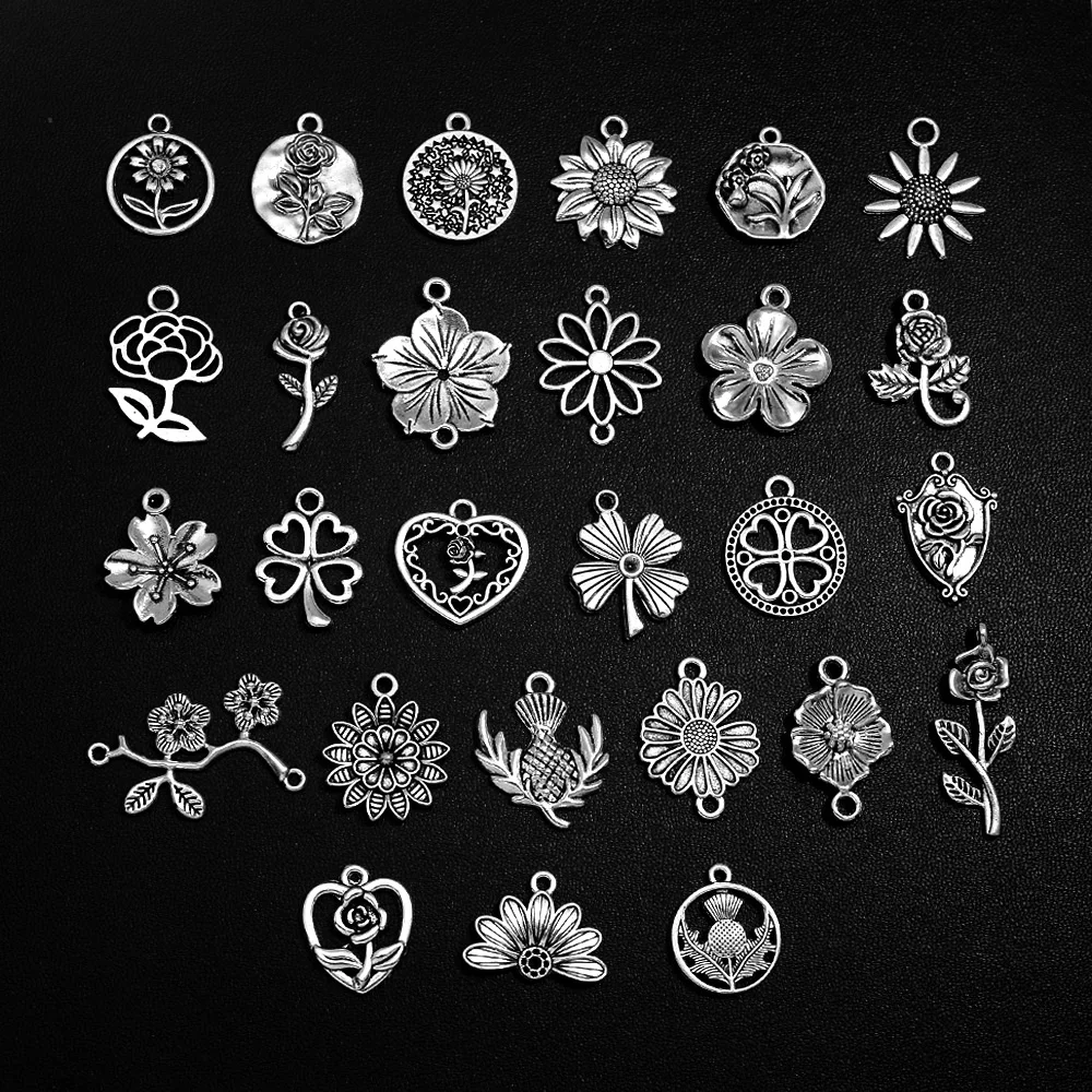 20pcs 27 Style Flower Clover Rose Sunflower Charms Pendant For DIY Bracelet Earring Necklace Jewelry Making Findings Accessories