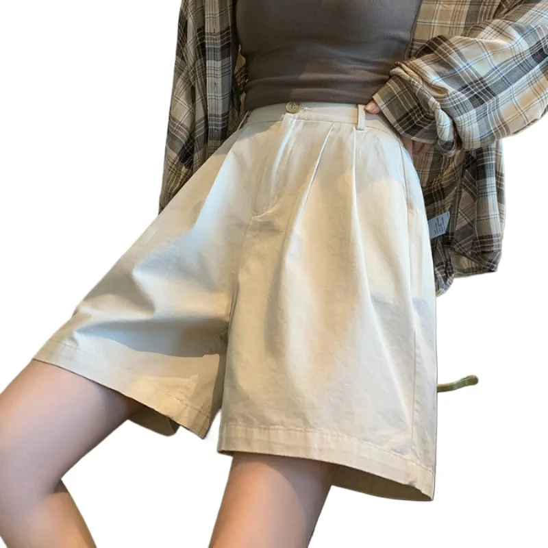 Summer Cotton High Waist Wide Leg Shorts for Women Loose Elasticity Korean Style A-shaped Leisure Shorts