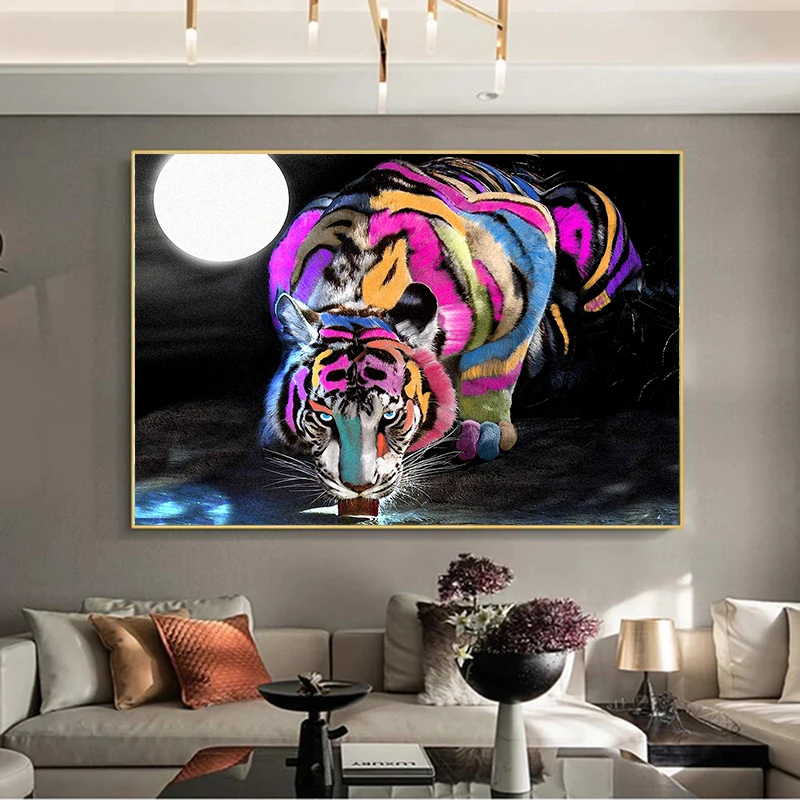Modern Pop Colored Tiger Drinks Water In The Moonlight Wall Art Poster Canvas Painting Print Pictures for Living Room Cuadros