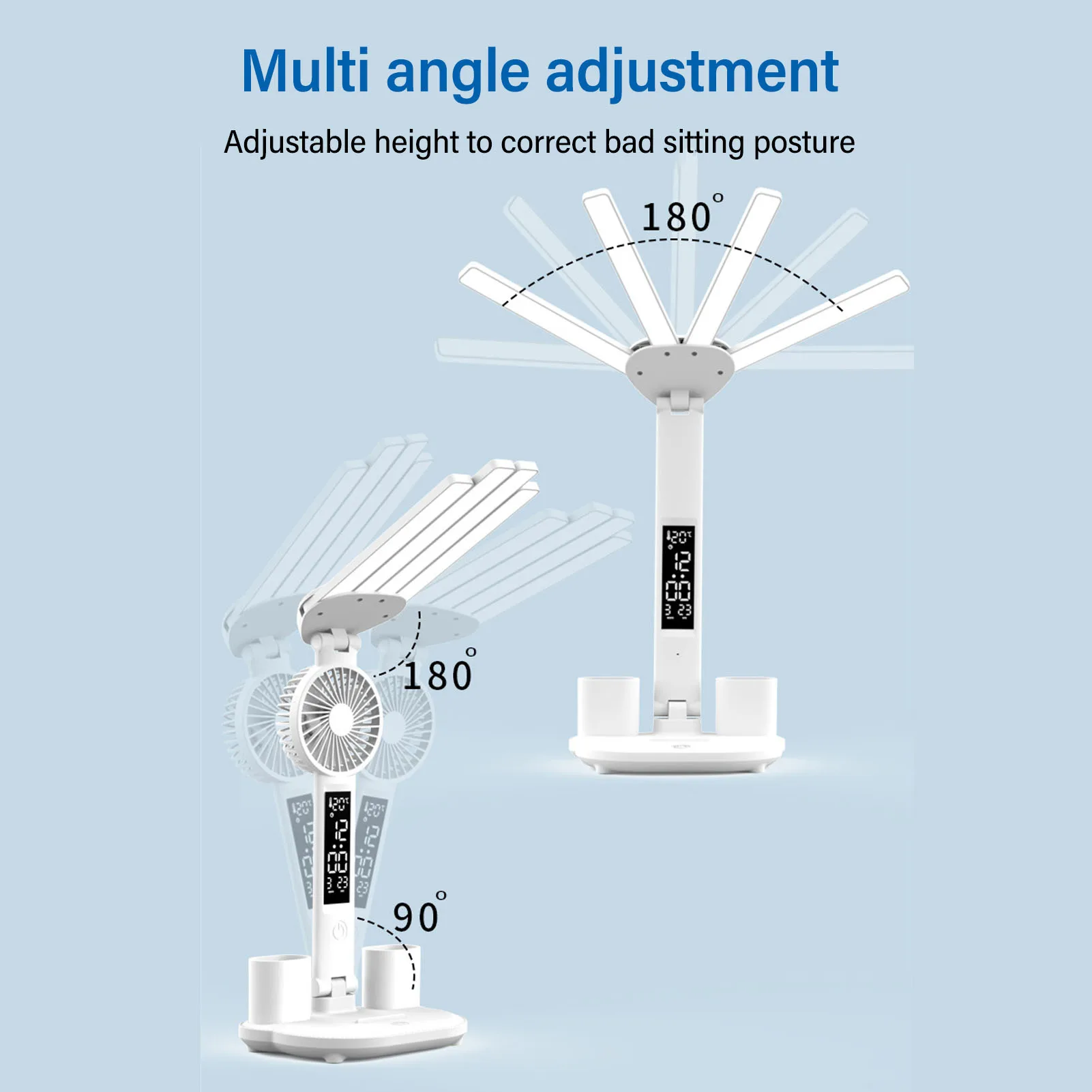 LED Desk Lamps with Fans Calendar Four Headed Digital Clock Touch Control Adjustable Table Lamp for Study Read Manicure Repair