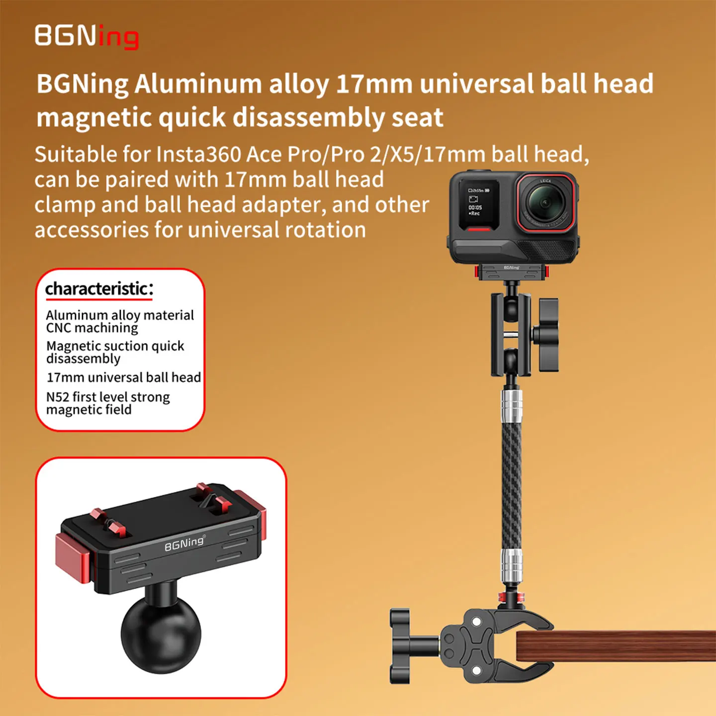 360° Dämpfende Magnetische Halterung mit Schnellverschluss aus Aluminium für Insta360 ACE AcePro 2 X4 X5 X6 Motorrad-Stativ Selfie-Stick-Halterung – Detail 2