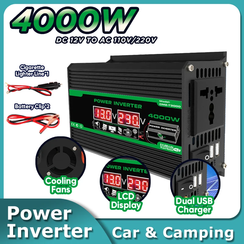 

4000W Dual Digital LCD Display Sine Wave Solar Inverters DC 12V To AC 110V 220V Portable Power Bank Car Converter For Camping RV