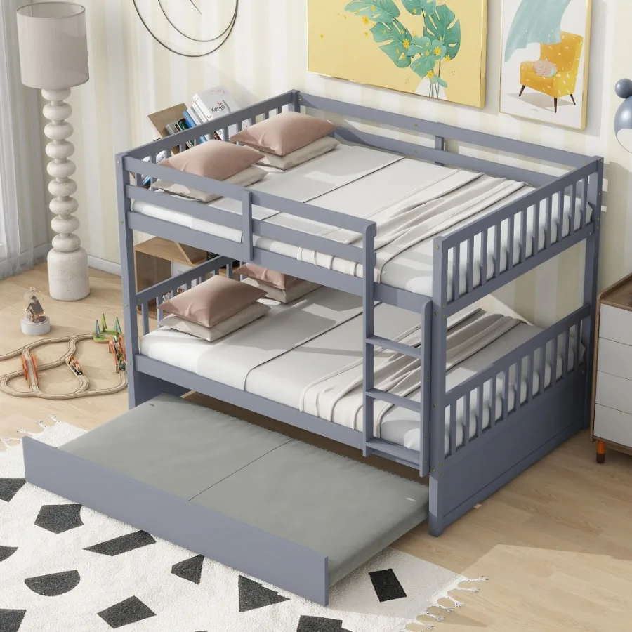 Full Over Full Rubber Wood Bunk Bed with Trundle Ladder and Guardrails Convertible to 2 Full Size Beds with Twin Size Trundle G