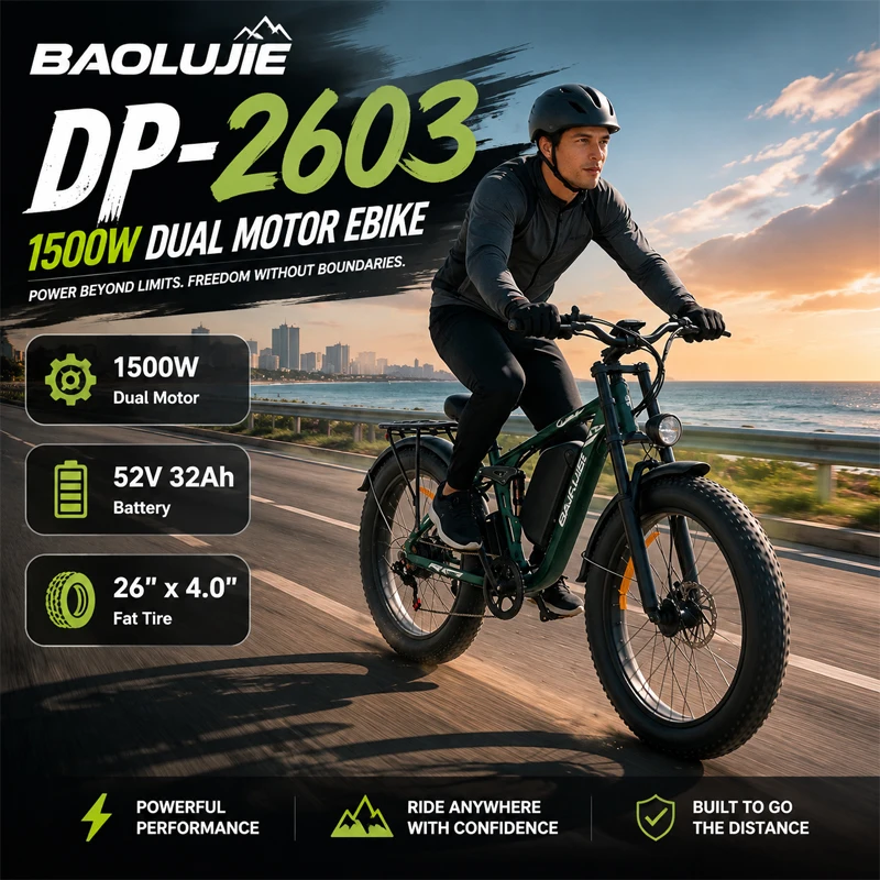 E-Bike for Adults BAOLUJIE DP-2603 1500W Dual Motor Max Speed 55KM/H E Bike 52V 32Ah Battery 26