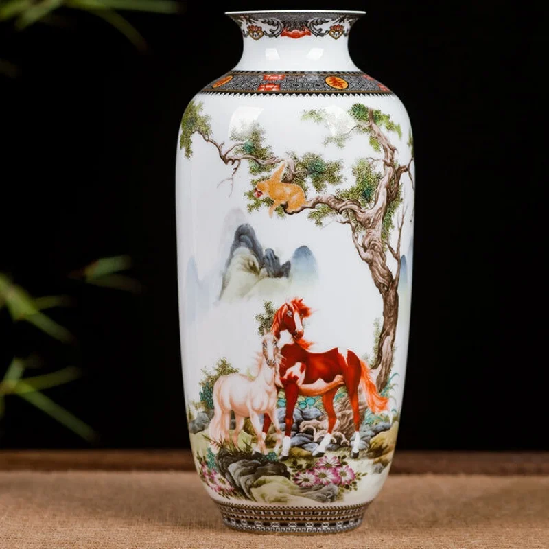 25cm Chinese Jingdezhen Antique Ceramic Horses Pattern Vase Home Decor Crafts