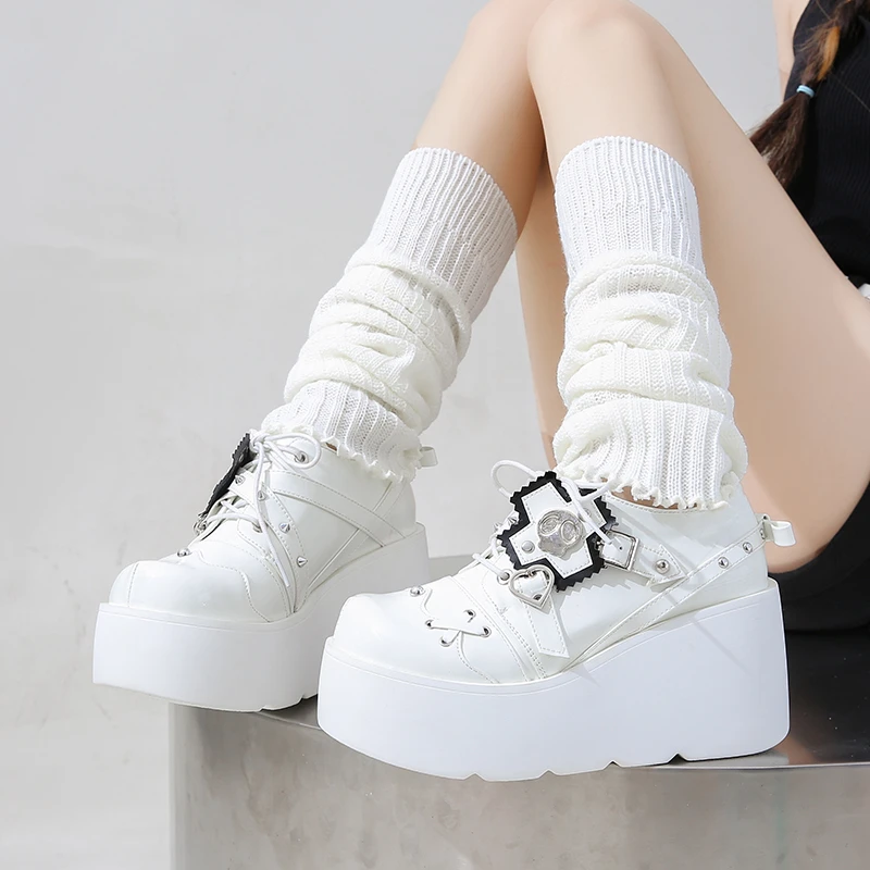 9CM Punk Style Women Shoes Rock Metal Decor Lace-up Heel Height Platform Shoes Gothic Man Sneakers Women Ankle Boots 2024 New