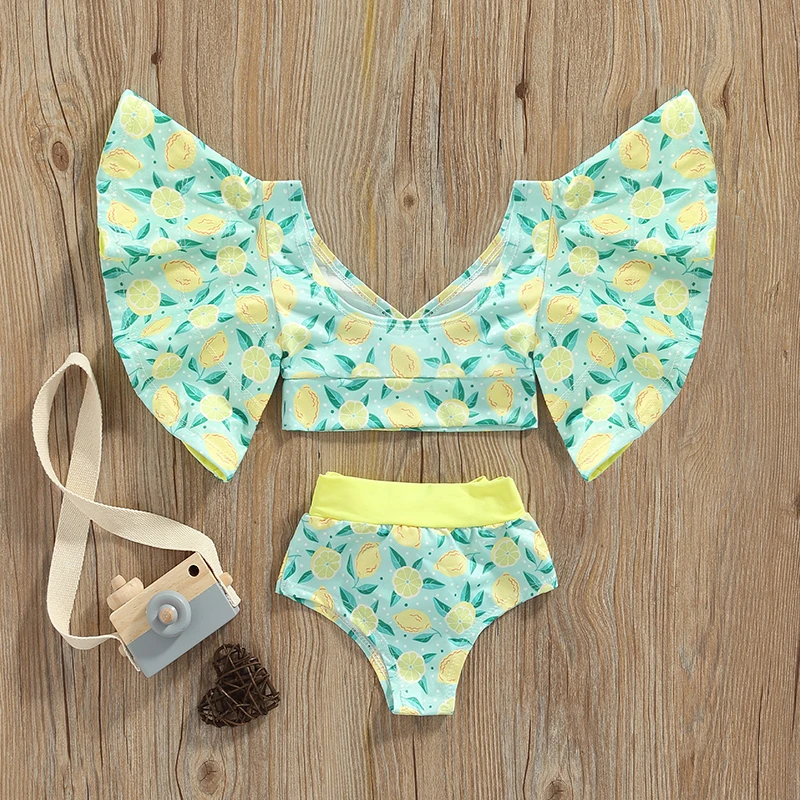 1-6Years Kids Girls Bikinis Set Lemon Starfish Stripe Baggy Sleeve Swimsuit Summer Swimwear Bathing Suit Beachwear