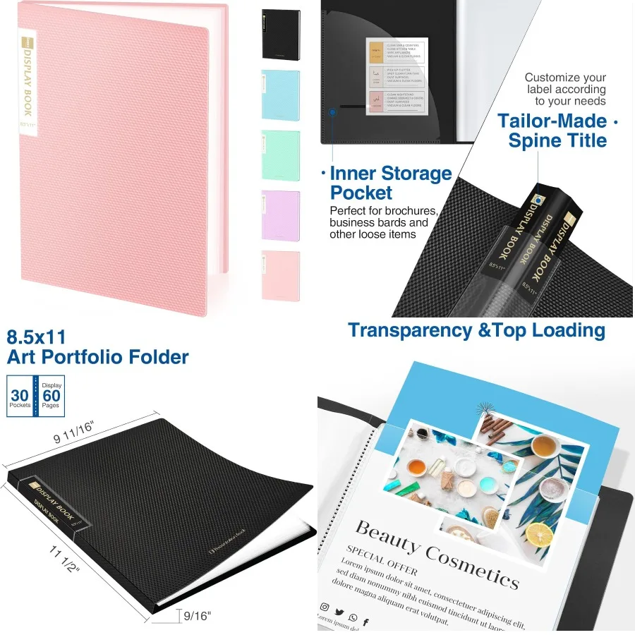 Carpeta Sooez de 30 bolsillos con fundas de plástico, carpeta de portafolio de arte resistente de 8,5x11 con protectores de hojas transparentes, exhibición de 60 páginas