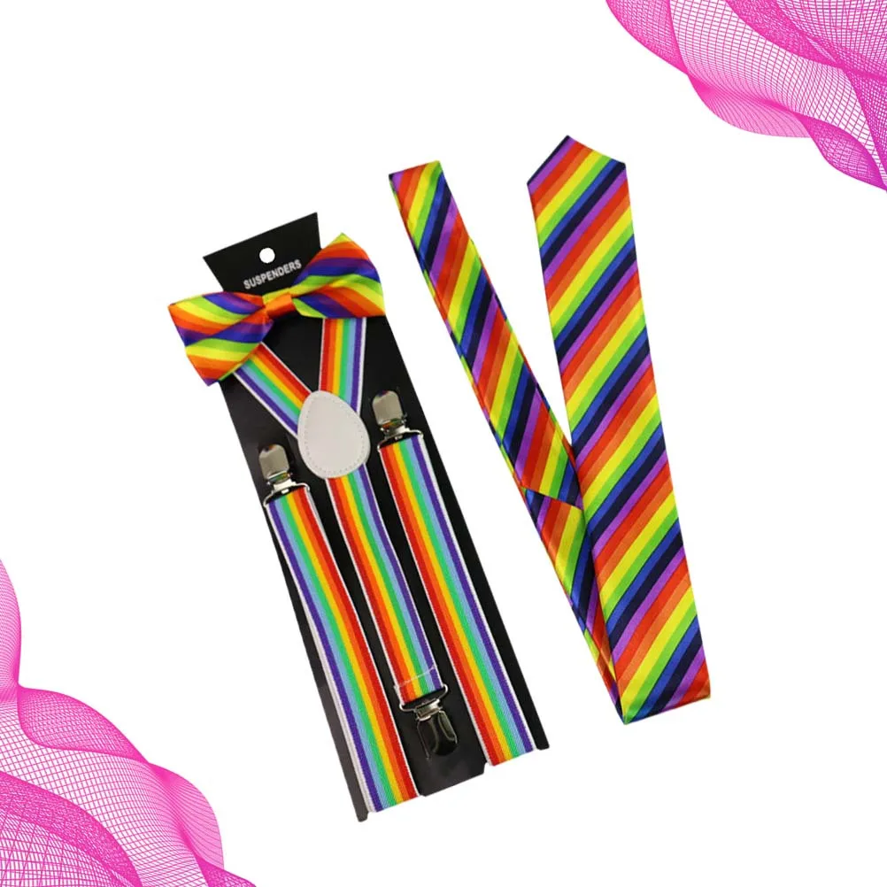3 قطعة الحمالات الملونة ربطة القوس فيونكة مجموعة قابل للتعديل مطاطا قوس قزح الحمالات ل الجينز السراويل للجنسين زي حفلة الأقواس التعادل #2
