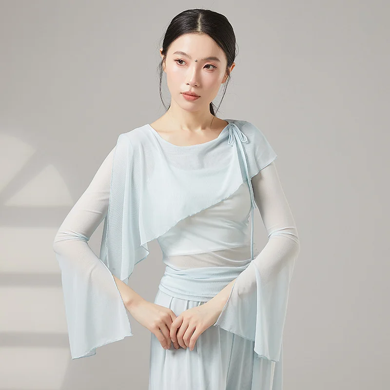 

Women Classical Dance T-Shirt Flare Long Sleeve Double Layer Sheer Mesh Adult Modern Dance Top Latin Ballet Elegant Costume