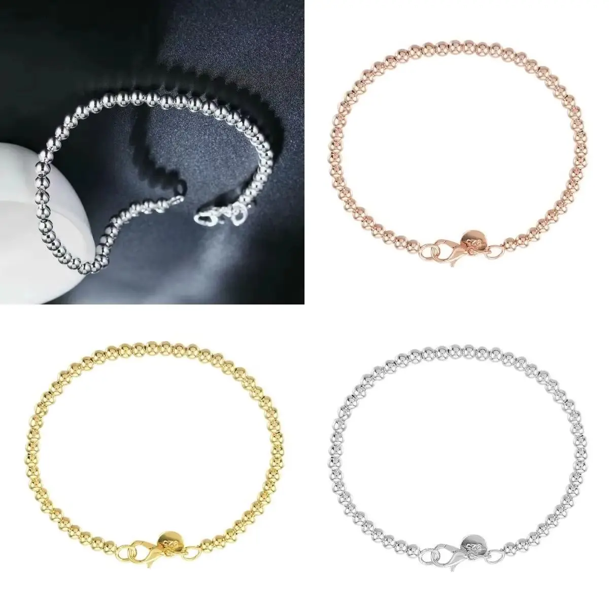 

925 Silver Plated Women's Bracelet with 4MM Beads Chain Fashion Jewelry Accessory for Wedding Party