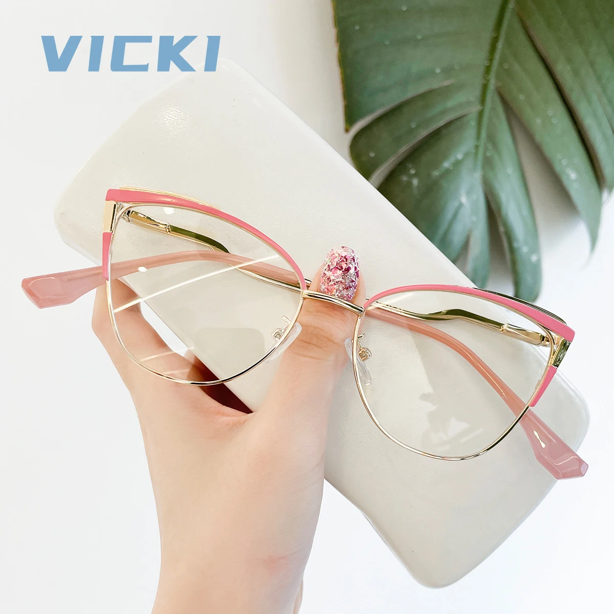 VICKI The New Cat-eye Metal Color-blocking Fashionable Glasses Can Be Customized with Multi-focus Prescriptions 68001