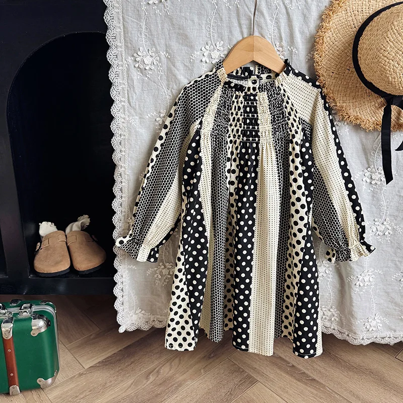 

Korean Style Girls Long Sleeve Embroidered Dress Princess Skirt Polka Dot Stand Collar Autumn New Arrival Children's Clothing