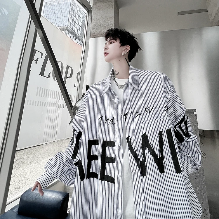 

Модная мужская рубашка в полоску с длинным рукавом, оверсайз, с буквенным принтом, в корейском стиле, премиум-качество, молодежная, популярная, весна-осень