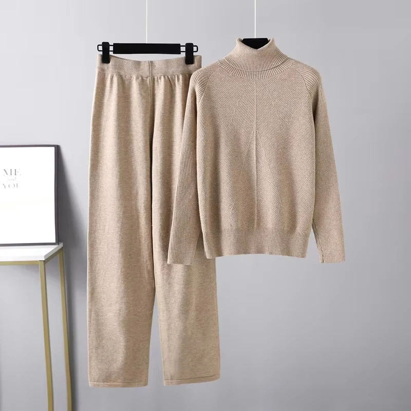 

Winter Women's Sets Casual Knitting 2-piece Sets New Turtleneck Sweater Autumn Pullover with Thick Warm Soft Pants Suit Woman
