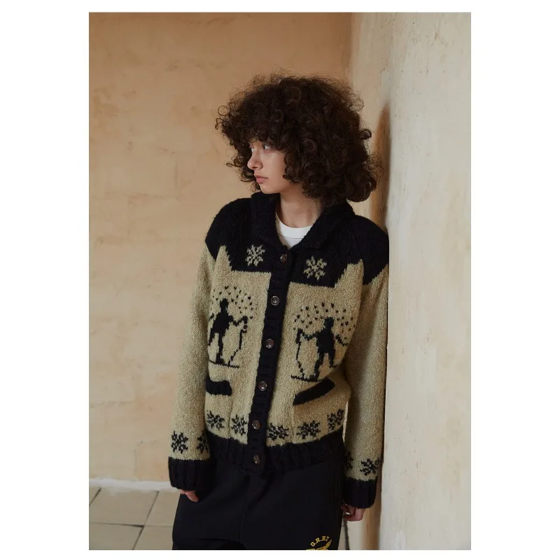 Kardigan dziergany, damska indyjska kurtka żakardowa o drobnym kroju, sweter z wełny alpaki zapinany na jeden guzik, jesień/zima 2025