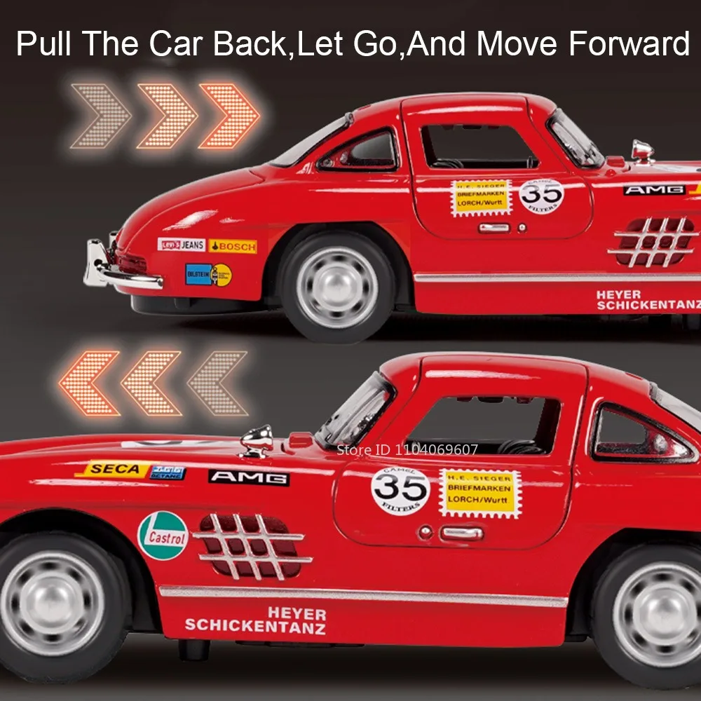 1:32 300SL ヴィンテージカーモデル ミニチュア玩具 合金ダイキャスト サウンドライト ドア開閉 プルバック装飾 車両 子供向けギフト