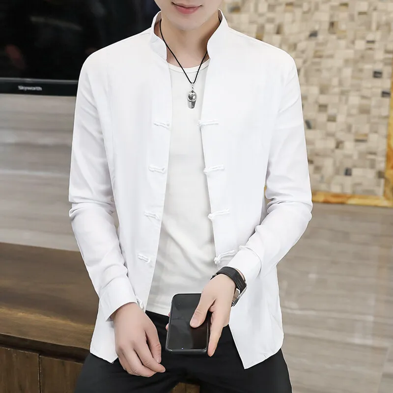 Solid Color Stand-up Collar Shirts Traditional Chinese Style Men's Shirt with Mandarin Collar Long Sleeve Featuring for Kung FU