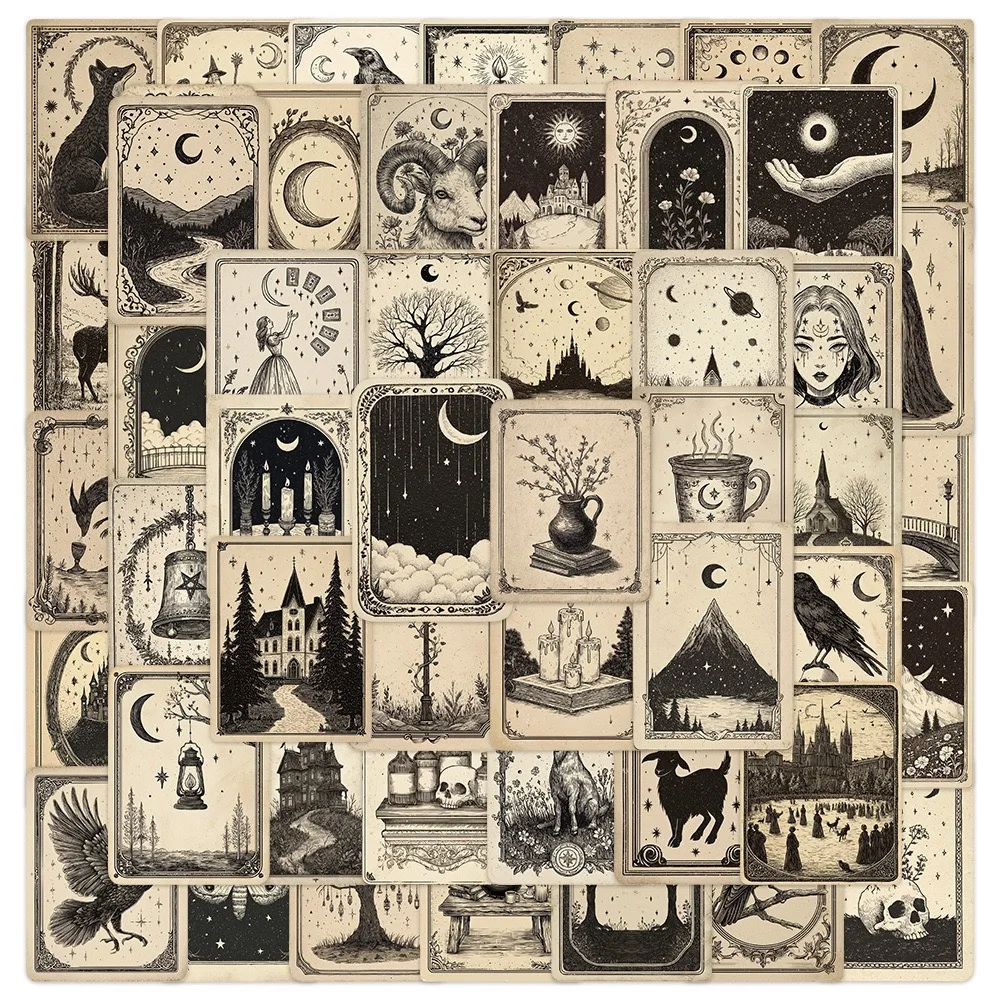 50pcs Vintage Tarot Witchy Paper Stickers Dark Mystical Moon Crow Castle GothDecals Classic Toy Scrapbooking Decor Sticker