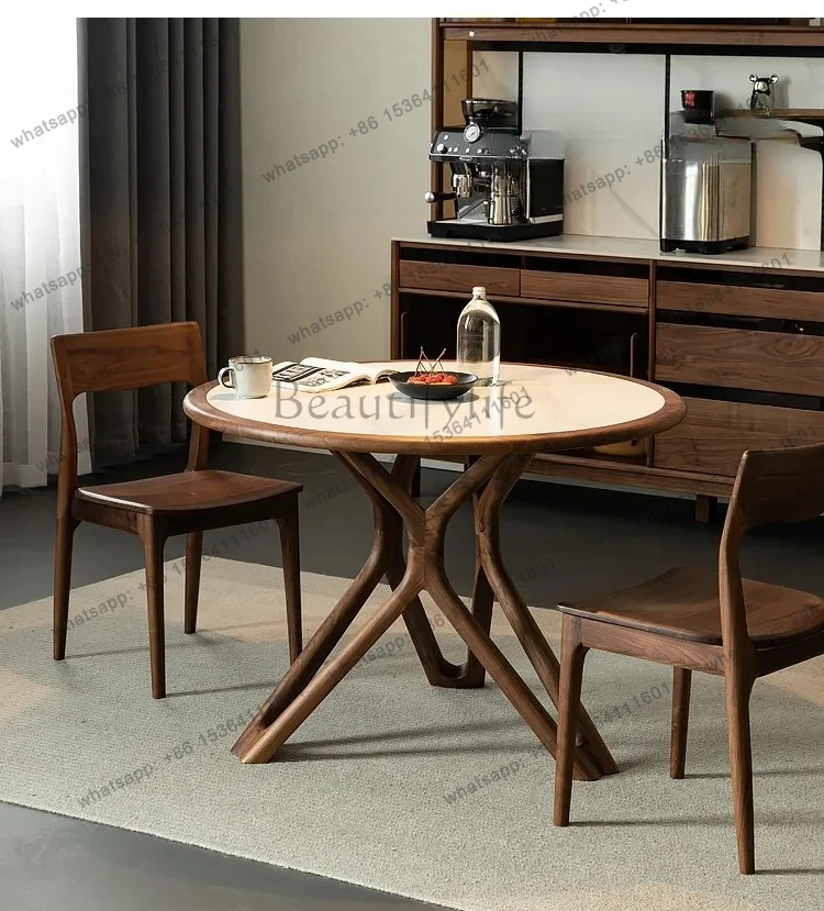 

Italian round dining table, black walnut rock slab dining table, modern simple home dining and leisure round table