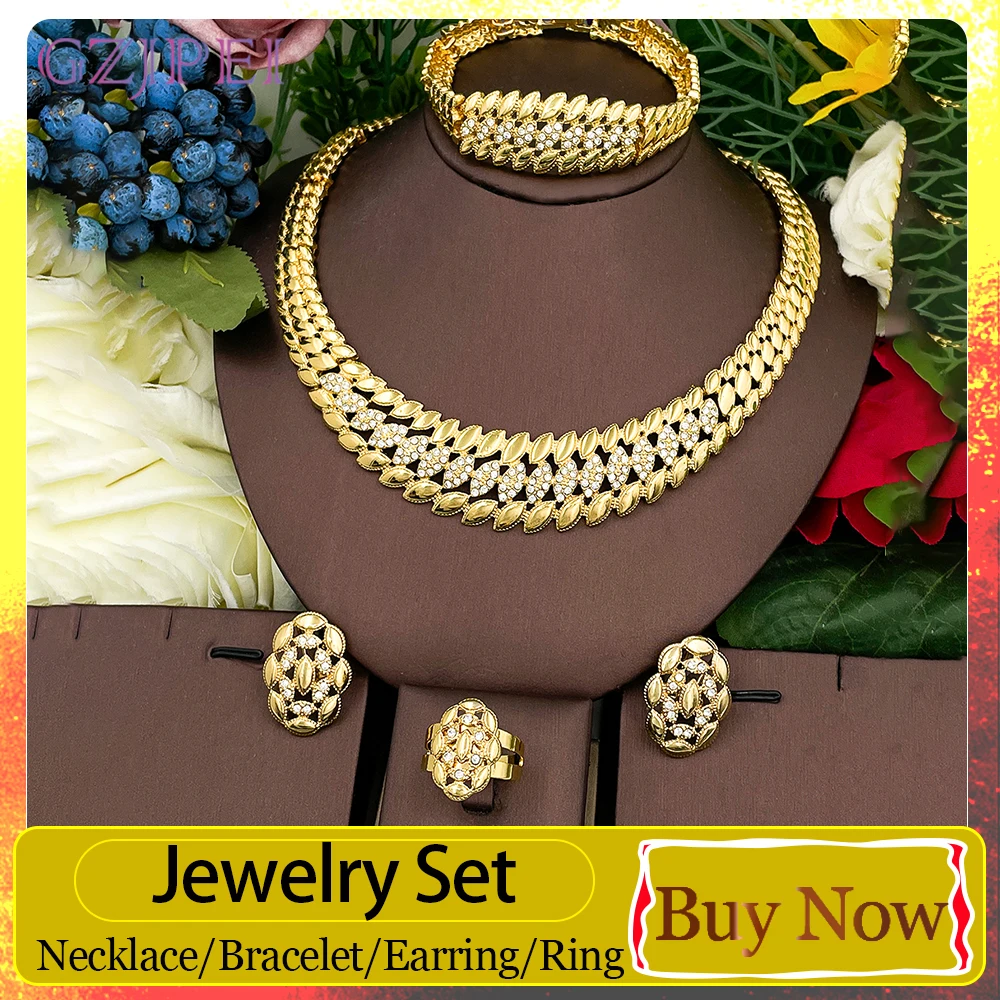 GZJPEI Vintage African Gold Color Jewelry Set For Women Textured Wave Choker Necklace Earrings Ring Bracelet 4Pcs Luxury Statement Wedding Party Jewelry Gift