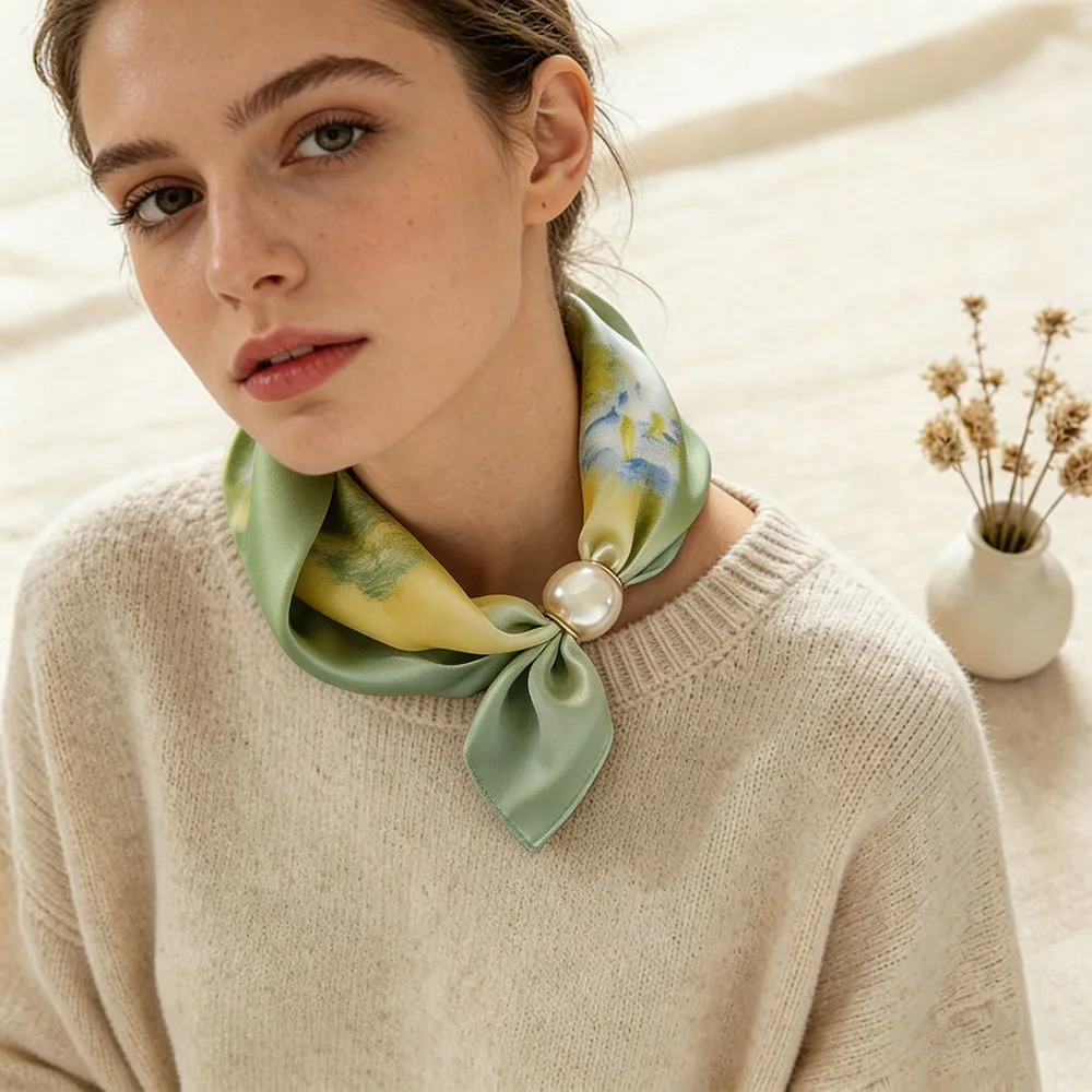 

Luxury Scarf Women Silk Thin Pendant Magnetic Collarbone Female Buckle Chain Pearl Lazy Headband Neckerchief Hair Bands Femme