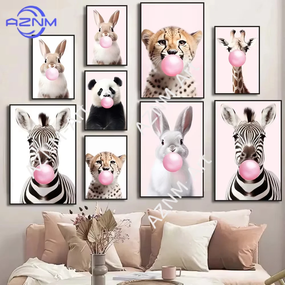 1PC ，Cute Pink Panda Giraffe Bunny Cheetah Zebra Blowing Bubble Gum Poster Nursery Canvas Painting for Kids Room Animal Print