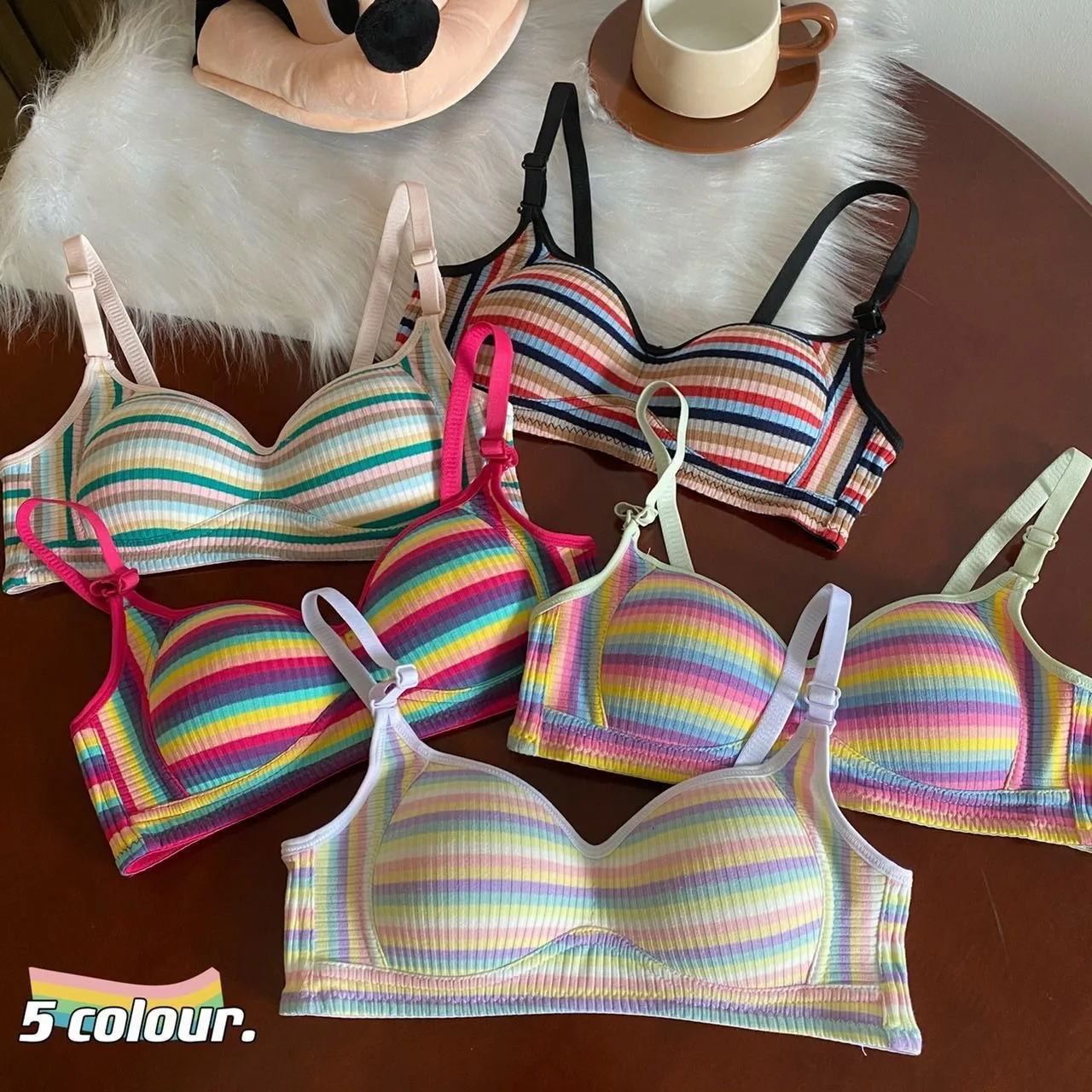 SP&CITY Spicy Girl Rainbow Striped Gathering Bra For Women Small Chest Soft Thin Traceless Underwear Colorful Breathable Bras