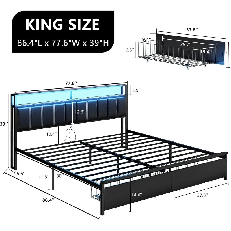 LED Bed Frame with Drawers, King Platform Bed Frame with 2-Tier Storage & Leather Upholstered & Charging Station Headboard