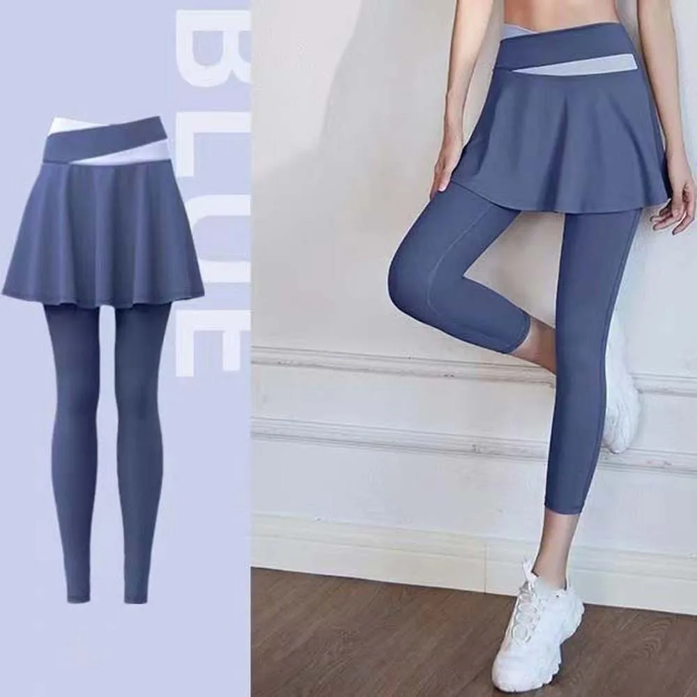 Combined in One Fitness Leggings Tight High Waist Elastic Pants Skirt Thickened Contrasting Color Sports Yoga Pants Exercise