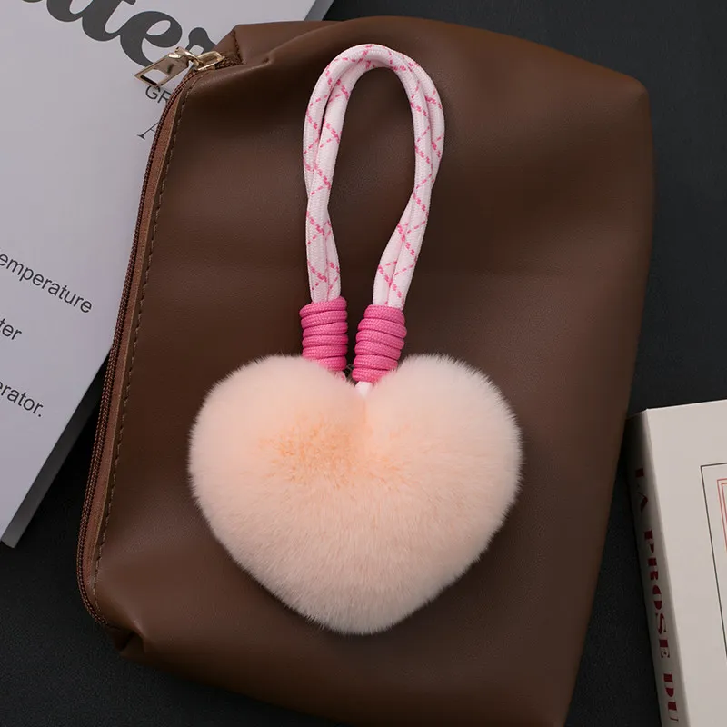 Echter Rex-Kaninchenfell-Herzanhänger, Flauschiger Ball als Rucksack-Dekoration, Handgefertigte Quaste als Geschenk – Detail 8