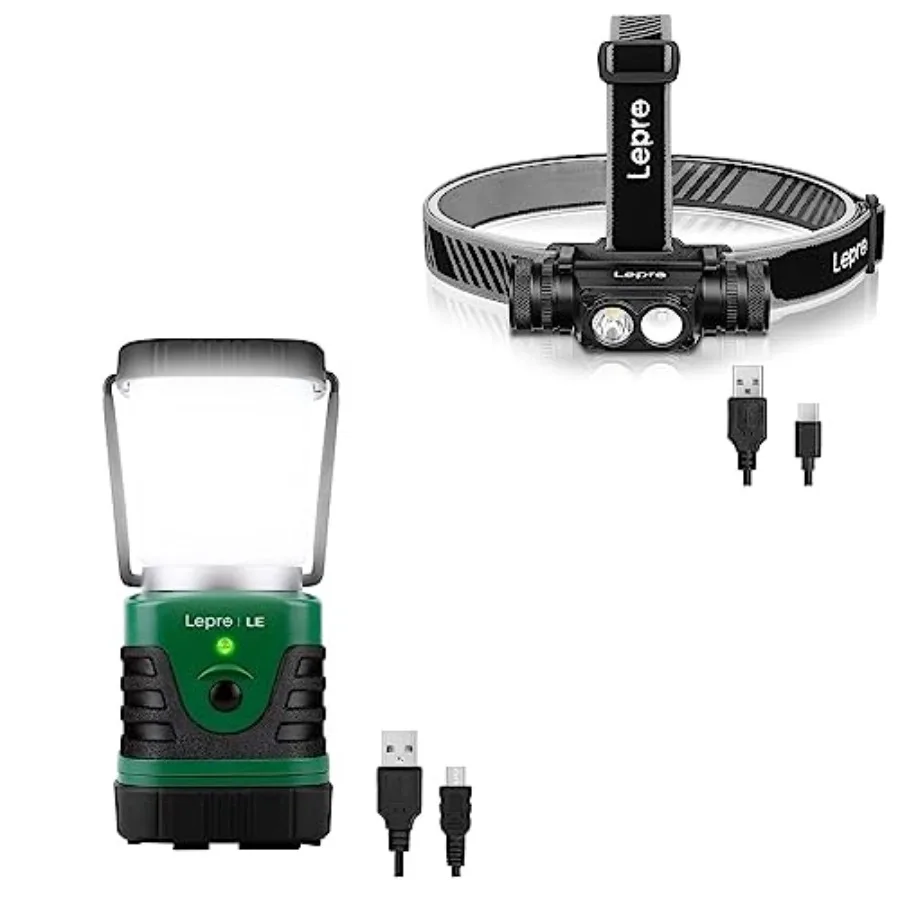 

Camping lantern and headlight bundle: rechargeable LED lantern and detachable headlight, both 1000LM, ABS plastic body, black c