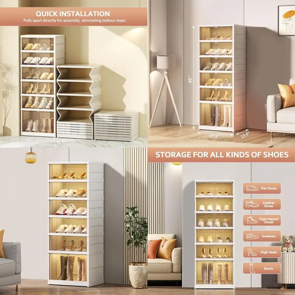 

Collapsible 6-Tier Plastic Shoe Rack for 12 Pairs, Large Storage Bins for Shoes, Stackable Shoe Cabinet for Closet Organization