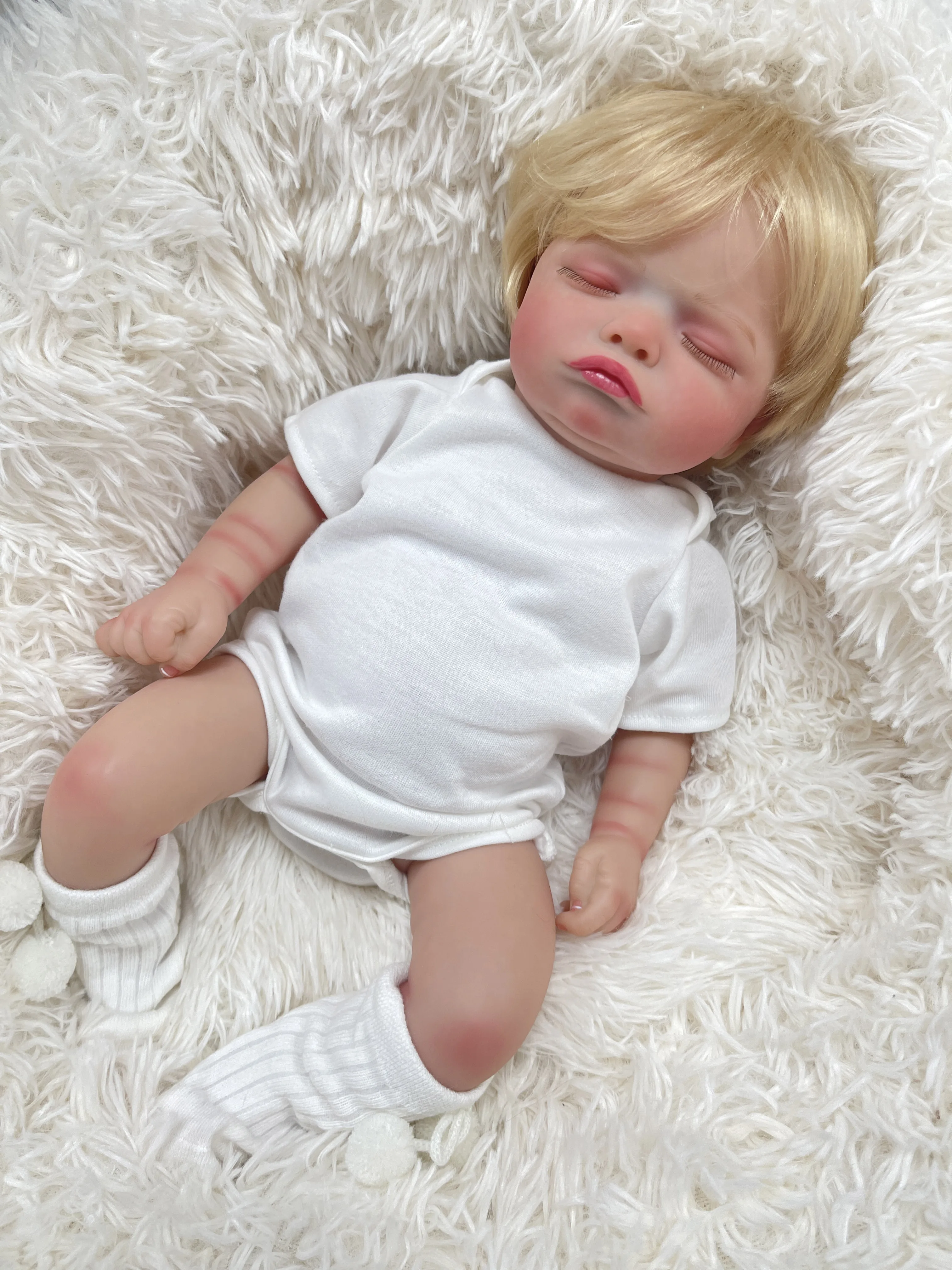 45CM Rosalie Cloth Body/Full Vinyl Body Already Painted Finished Sleeping Reborn Baby With Visible Veins and Hand Rooted Hair