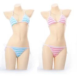 Sexy Japanese lingerie blue Lolita Kawaii, white and pink striped mini bikini, adult cosplay, pornographic clothing, bras, women