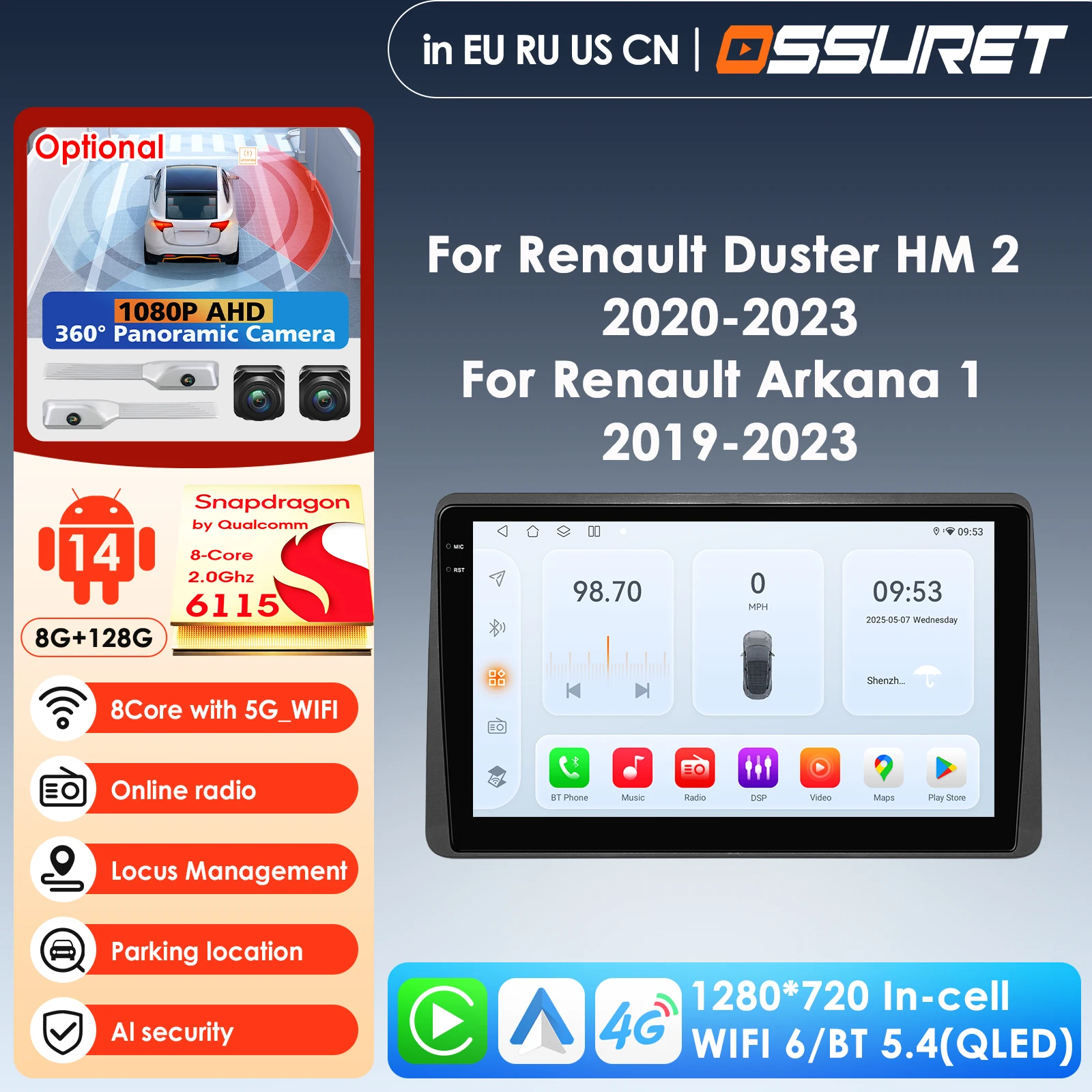 

Автомобильный мультимедийный плеер OSSURET Snapdragon Android для Renault Duster HM 2 II 2020-2021 Arkana 1 I 2019-2021 Auto Carplay Stereo