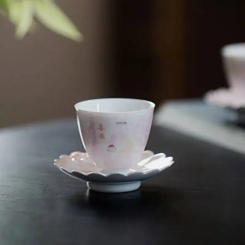 

Pure hand-painted peach powder ceramic tea cup personal hostess cup with coaster non hot household goods tea cup single cup