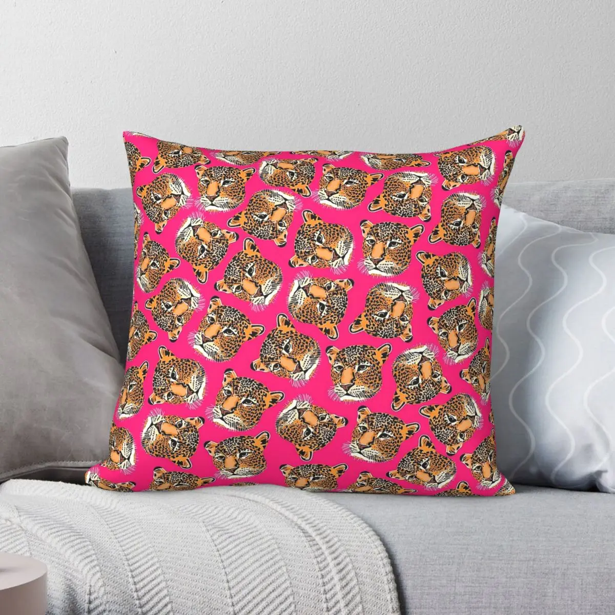 Leopard Heads Hot Pink Square Pillowcase Polyester Linen Velvet Creative Zip Decor Throw Pillow Case Sofa 45x45