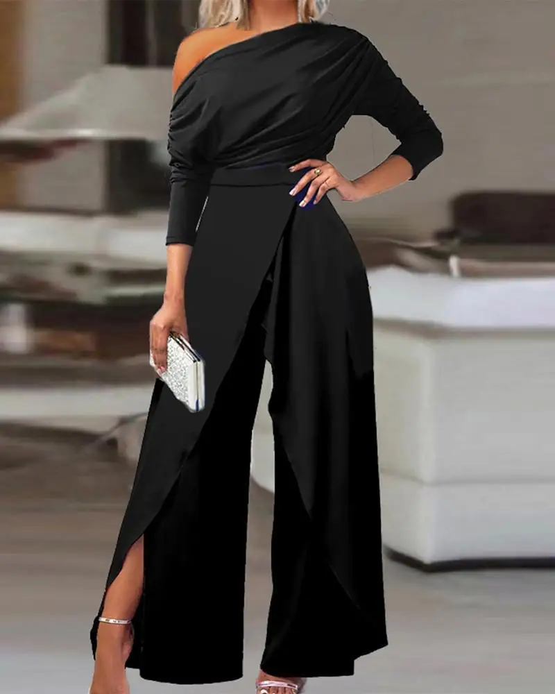 

Elegant Jumpsuits For Women 2023 Autumn New Ruched Off Shoulder Slit High Waist Wide Leg Jumpsuit Ladies Chic Commuting Clothing