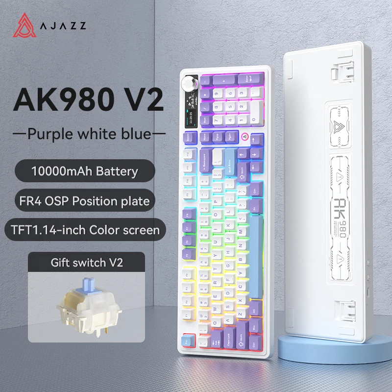 AJAZZ AK980 V2 Three-mode Wired Mechanical Keyboard Hot-swappable Gasket RGB Low-noise Ergonomic Office Gaming Keyboard