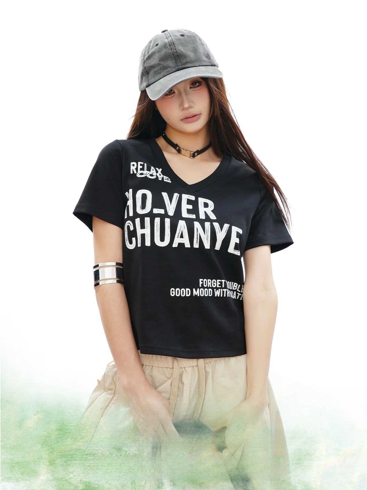 

S3T5 American Style Short Sleeve T-Shirt Women's Summer New Loose round Neck Print Top Fashionable Versatile V-Neck Letter