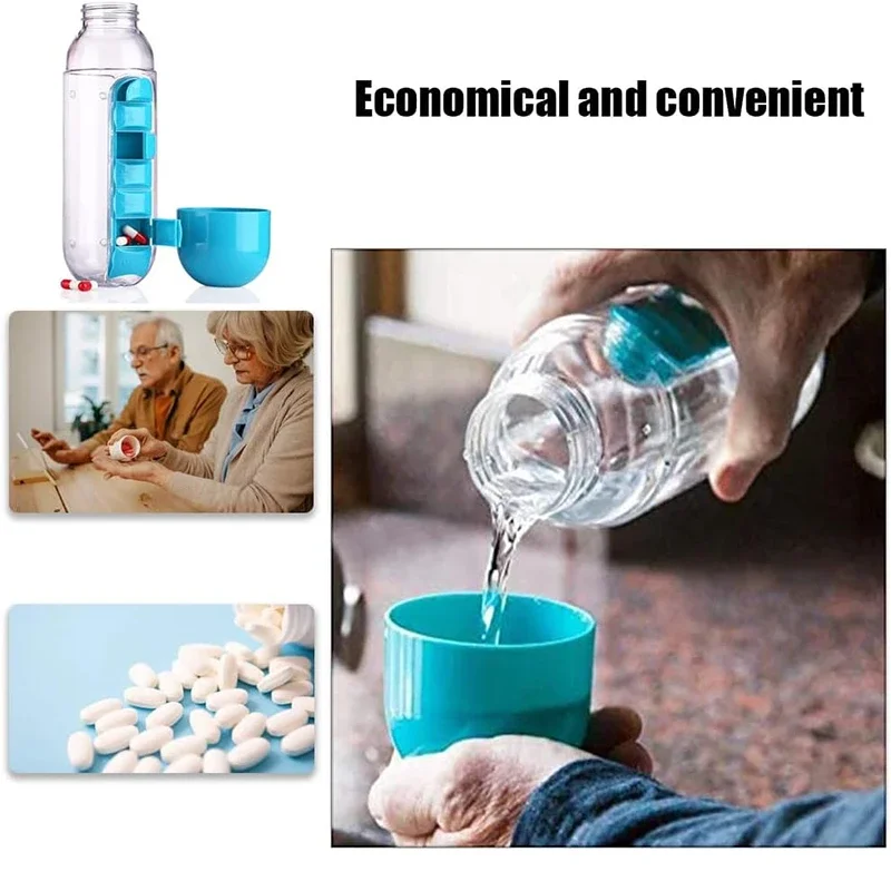 600ml  2 in 1Water Cup 7Grids Medicine Box Plastic Portable Water Bottle Pill Boxes Organizer Drinking Bottles for Outdoors